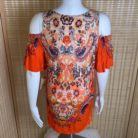 🔶Democracy Orange Floral Cold Shoulder Flutter Sleeves Size Small NWT - Picture 5 of 6